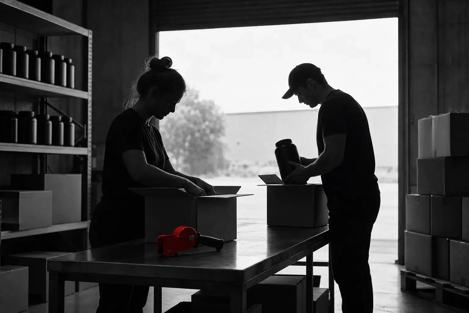 Packing customer orders at a bench in the warehouse