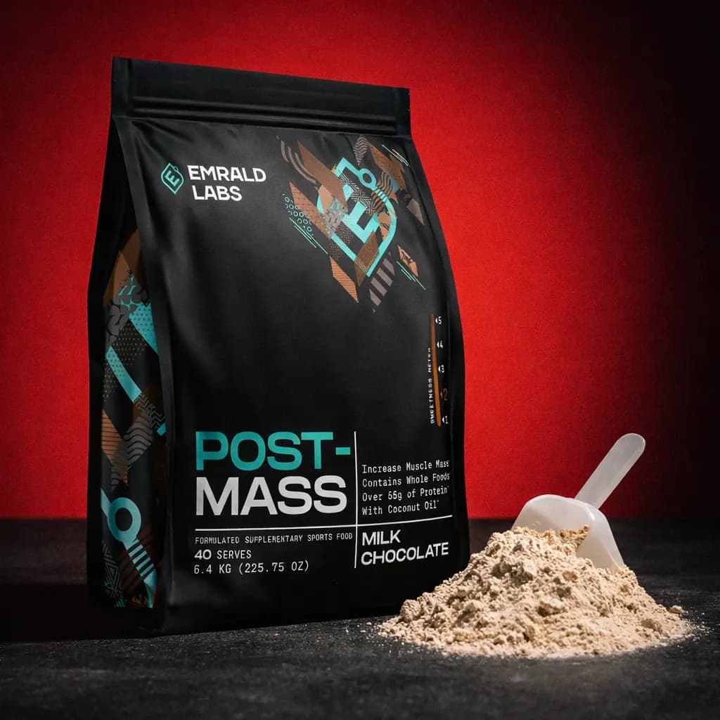 A pouch of Emrald Labs Post Mass beside a heap of powder