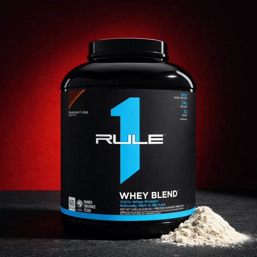 A tub of Rule 1 R1 Whey Blend on a red backdrop