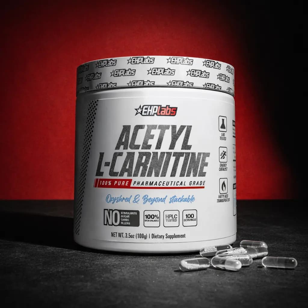 A tub of EHPlabs Acetyl L-Carnitine with loose capsules