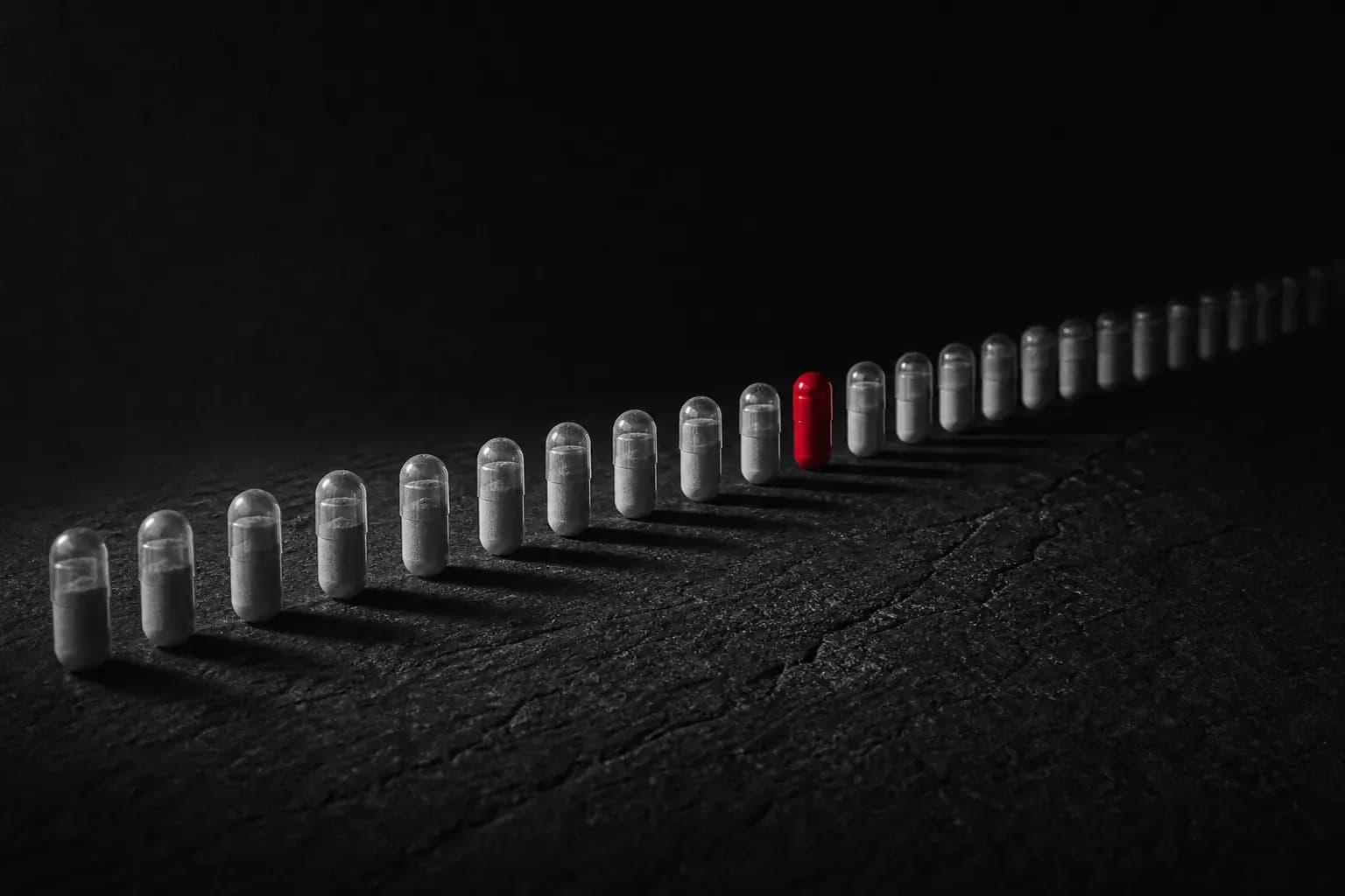 A precise row of capsules on dark stone