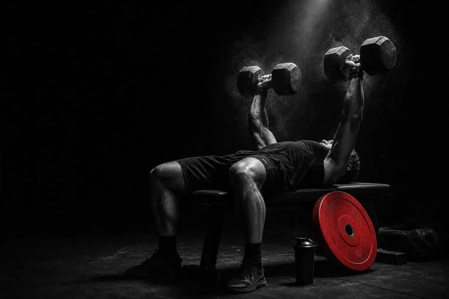 Athlete pressing dumbbells in a dark gym
