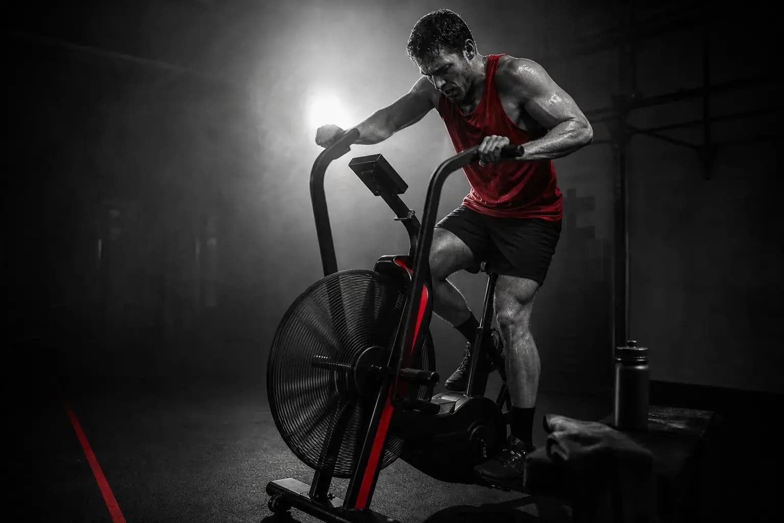 Athlete working hard on an air bike