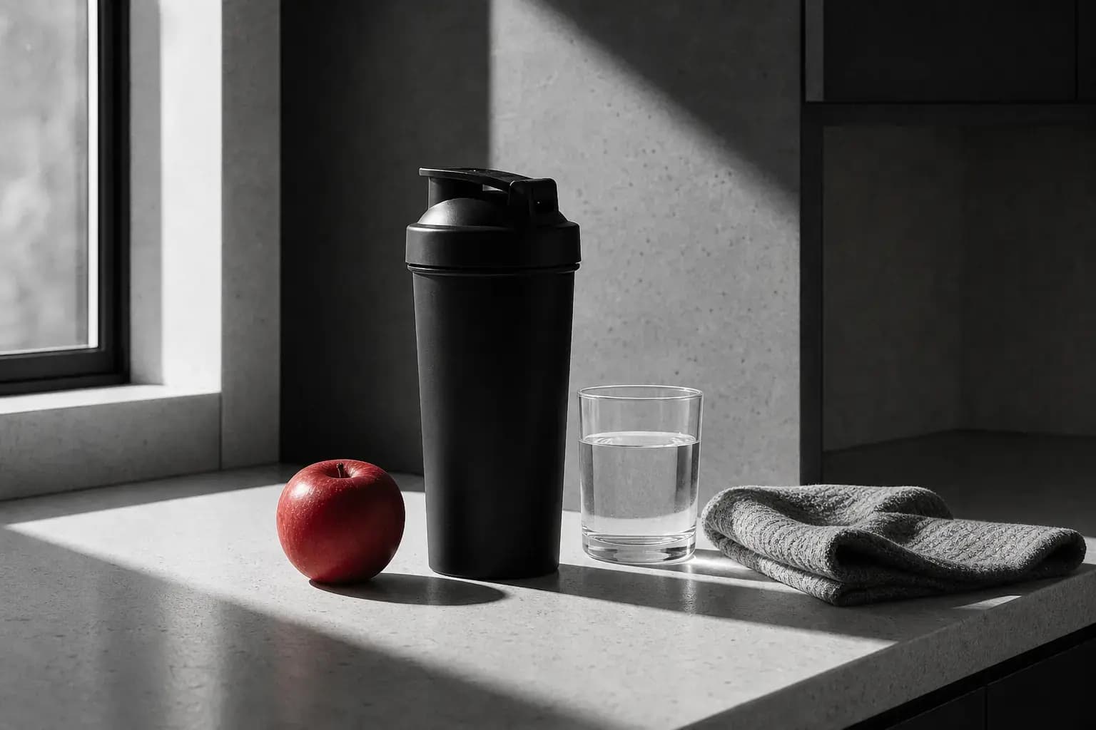 Shaker and a glass of water on a kitchen bench