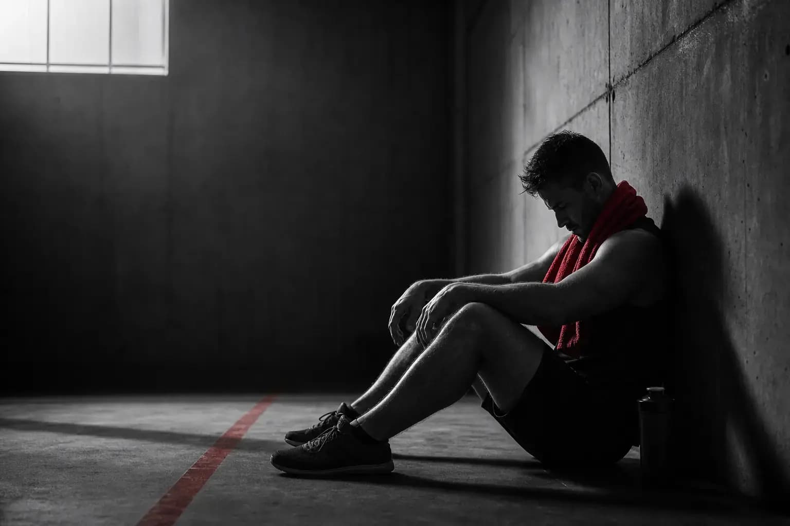 Athlete resting against a wall after training