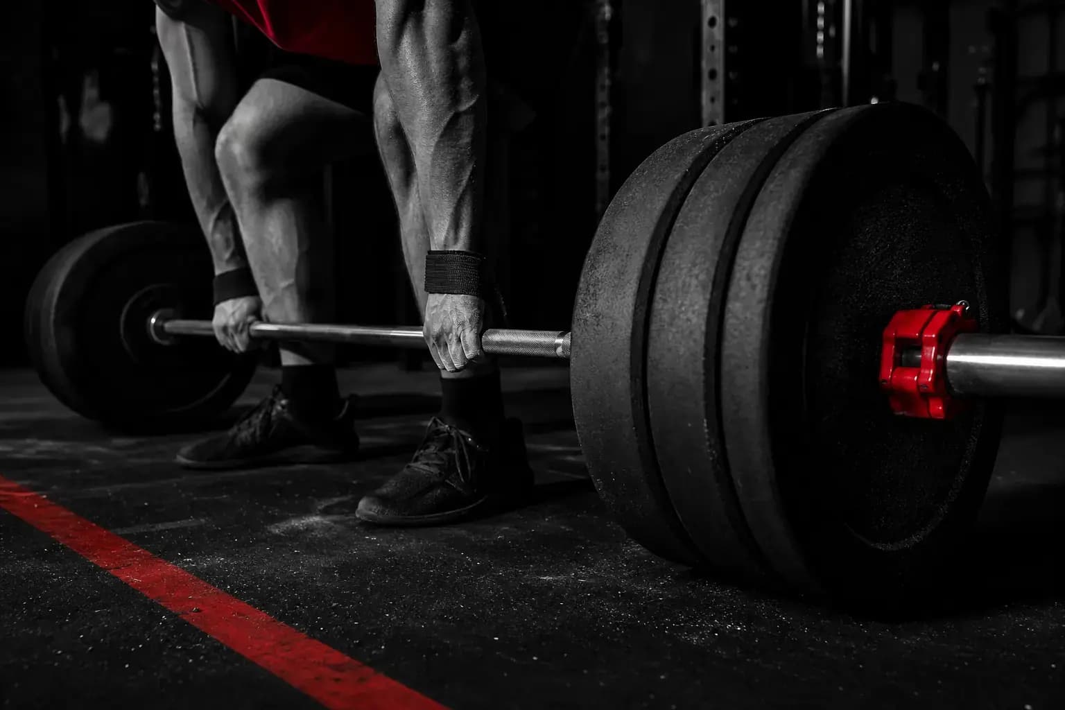 Loaded barbell being pulled from the floor