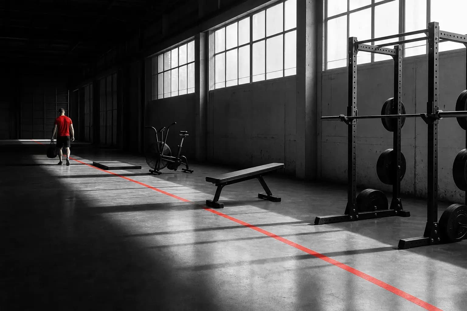 Training stations lit across a dark gym floor