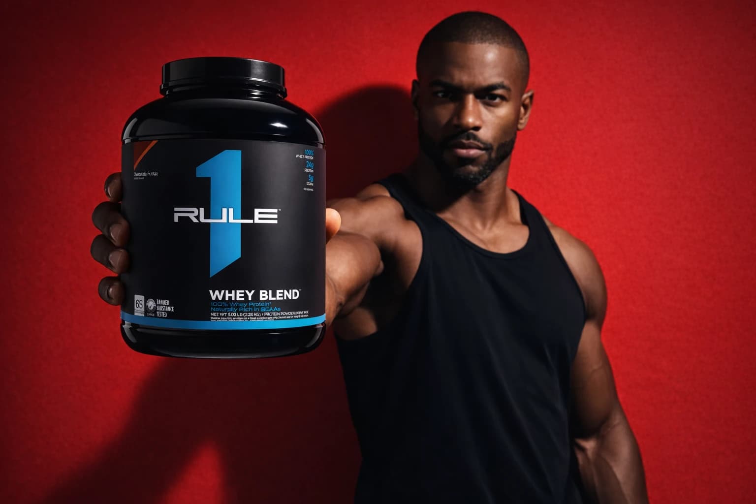 An athlete holding a tub of Rule 1 R1 Whey Blend