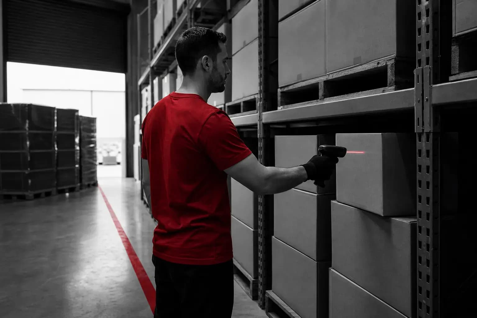 Scanning a carton on the shelves of a distribution warehouse