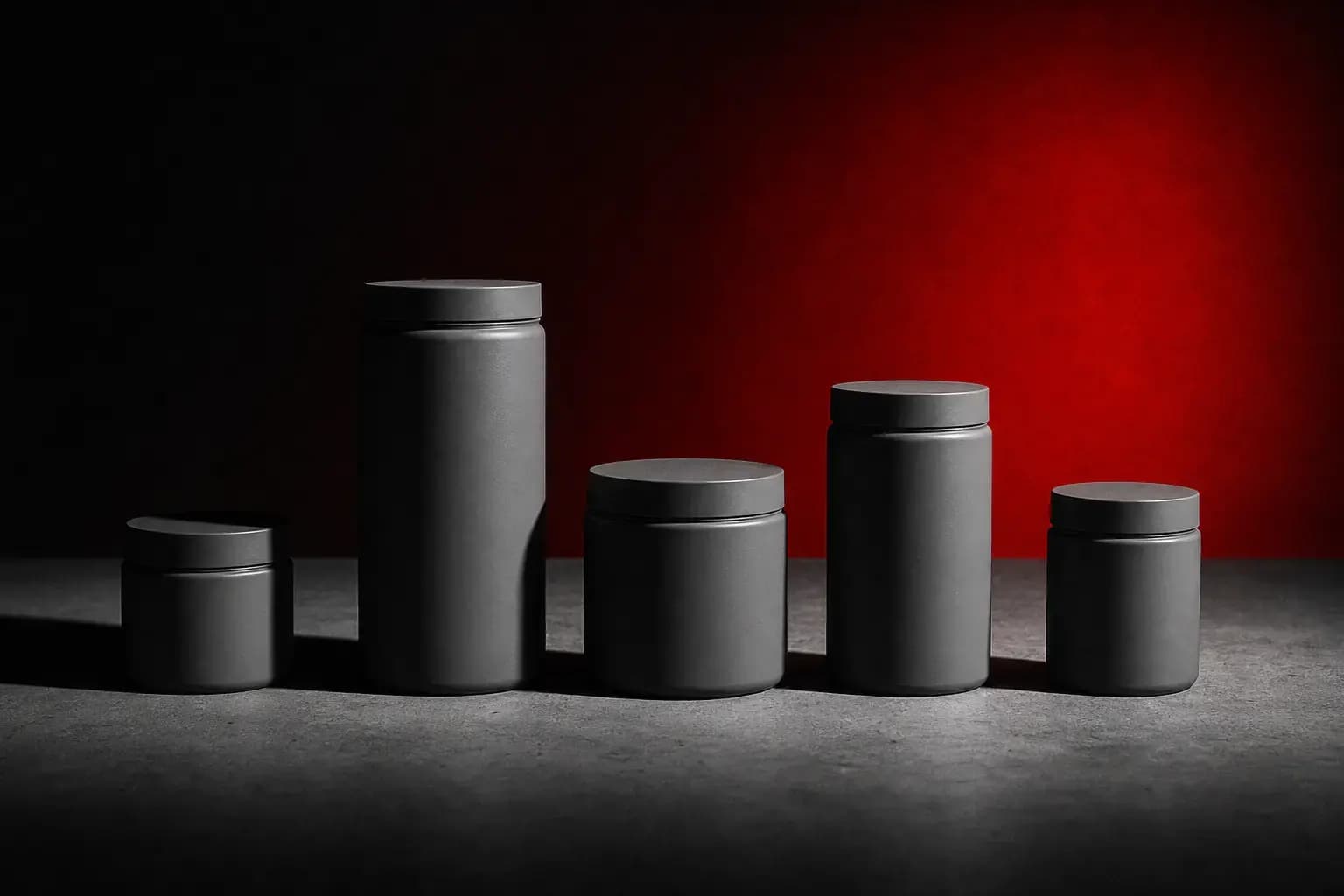 Plain supplement tubs lined up like a skyline